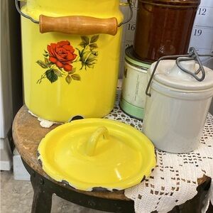 Yellow Vintage Enamel Canister with Red Rose Motif